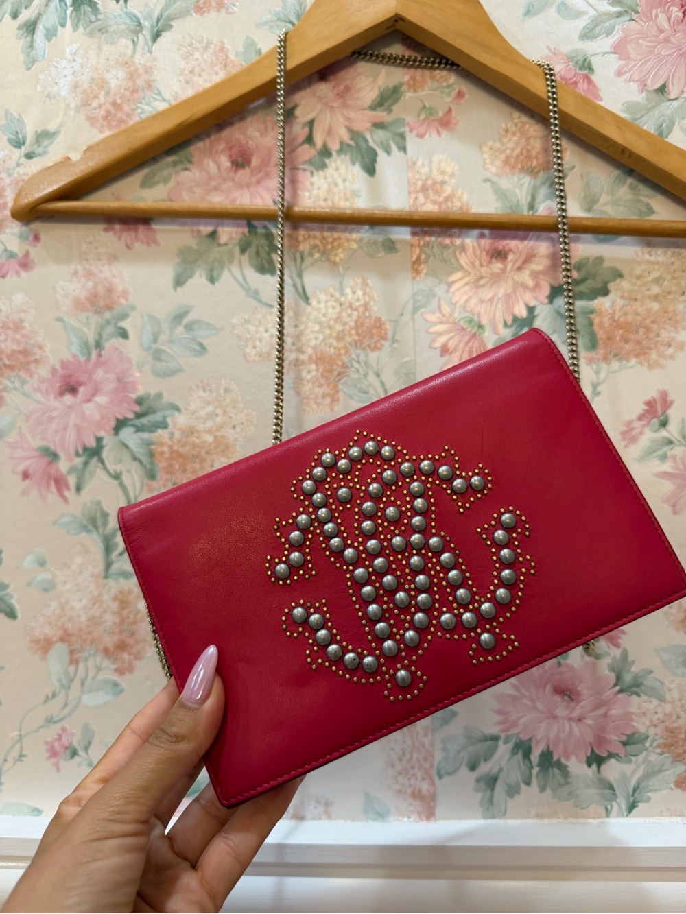 Roberto Cavalli Pink-Red Studded Leather Chain Crossbody